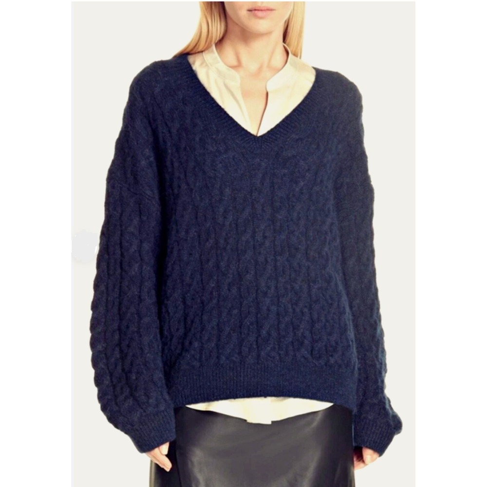 Vince Navy Blue Cable Knit Mohair Alpaca Blend Sweater Womens Small Soft V-Neck